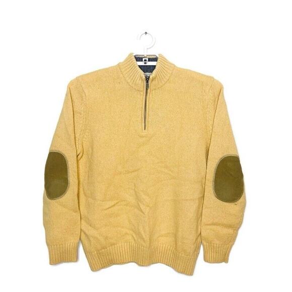 Vtg L.L. BEAN Men Yellow Shetland Wool Quarter Zip Sweater Elbow Patch Sweater L - Picture 1 of 5